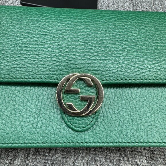 GUCCI Interlocking Wallet On Chain Green Leather Shoulder Bag 599-080825 - Picture 2 of 12